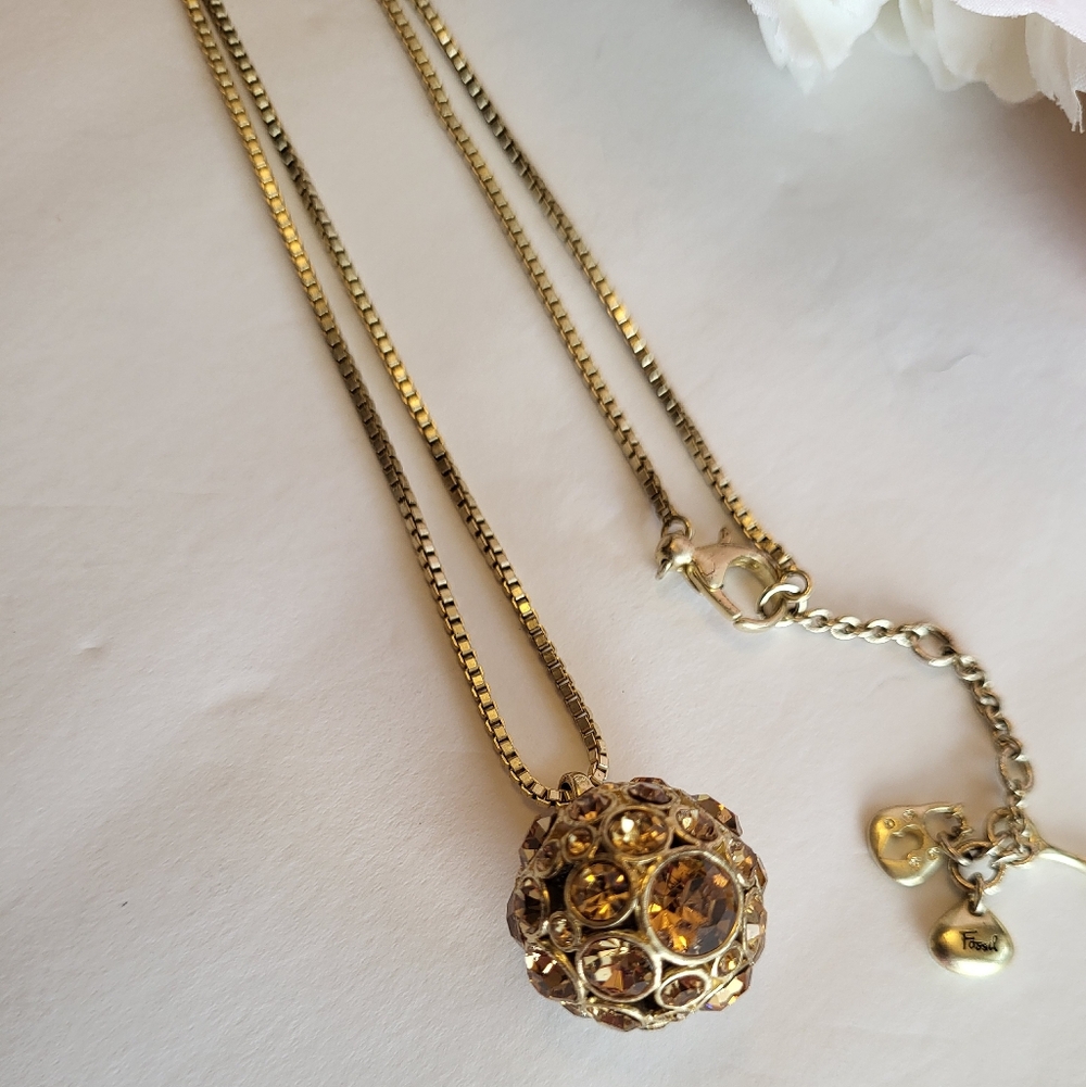 Fossil Jewelry Round Drop Crystal Pendant Necklace Charm Keytag Goldtone 18" - Picture 6 of 11